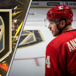 Calgary Flames defenseman Rasmus Andersson (4) looks towards the Vegas Golden Knights logo at center ice amidst NHL trade rumors.