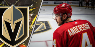 Calgary Flames defenseman Rasmus Andersson (4) looks towards the Vegas Golden Knights logo at center ice amidst NHL trade rumors.