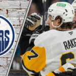 Edmonton Oilers logo on the left and a headshot of Pittsburgh Penguins forward Rickard Rakell on the right, symbolizing a potential trade.