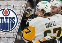 Edmonton Oilers logo on the left and a headshot of Pittsburgh Penguins forward Rickard Rakell on the right, symbolizing a potential trade.