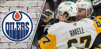 Edmonton Oilers logo on the left and a headshot of Pittsburgh Penguins forward Rickard Rakell on the right, symbolizing a potential trade.
