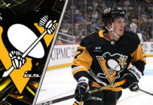 Pittsburgh Penguins forward Rickard Rakell skates with the puck, with the latest Rickard Rakell news indicating multiple teams are interested in a trade.