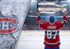 Sidney Crosby, wearing a number 87 Montreal Canadiens jersey, hoists the Stanley Cup at center ice of the Bell Centre.