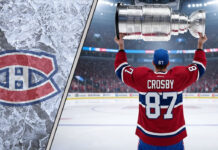 Sidney Crosby, wearing a number 87 Montreal Canadiens jersey, hoists the Stanley Cup at center ice of the Bell Centre.