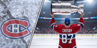 Sidney Crosby, wearing a number 87 Montreal Canadiens jersey, hoists the Stanley Cup at center ice of the Bell Centre.