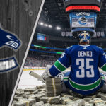 Vancouver Canucks goalie Thatcher Demko, wearing his #35 jersey, sits on top of massive stacks of money at center ice inside a full Rogers Arena.