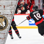 Ottawa Senators star Tim Stützle skates with the puck during an NHL game, looking to make a play in the offensive zone for the 2025-26 season.