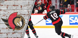 Ottawa Senators star Tim Stützle skates with the puck during an NHL game, looking to make a play in the offensive zone for the 2025-26 season.