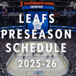 A widescreen image of the Toronto Maple Leafs' home arena, Scotiabank Arena. The arena is full of fans and the ice is lit up. The words "Leafs Preseason Schedule 2025-26" are overlayed on the image.