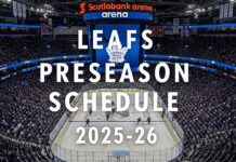 A widescreen image of the Toronto Maple Leafs' home arena, Scotiabank Arena. The arena is full of fans and the ice is lit up. The words "Leafs Preseason Schedule 2025-26" are overlayed on the image.