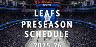 A widescreen image of the Toronto Maple Leafs' home arena, Scotiabank Arena. The arena is full of fans and the ice is lit up. The words "Leafs Preseason Schedule 2025-26" are overlayed on the image.