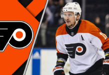 Philadelphia Flyers forward Travis Konecny celebrating a goal during the 2025-26 NHL season, highlighting his point projections