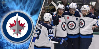 Winnipeg Jets preseason schedule 2025 featuring jets players to the right and the Winnipeg Jets logo to the left