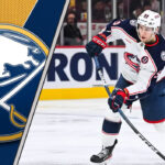 Columbus Blue Jackets forward Yegor Chinakhov skates during an NHL game, central to recent NHL trade rumors involving the Buffalo Sabres.