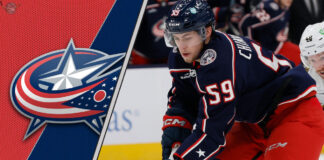Columbus Blue Jackets forward Yegor Chinakhov skating during a game, amidst rumors of a trade request.