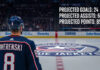 Columbus Blue Jackets defenseman Zach Werenski, seen from the back wearing his #8 jersey, stands at center ice looking down at the team logo. A graphic overlay in the corner displays his projected 2025-26 stats: Projected Goals: 24, Projected Assists: 61, Projected Points: 85.