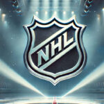 Widescreen illustration of a stylized silver and black NHL-style shield logo illuminated by intense spotlights at center ice in a dimly lit hockey arena.