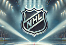 Who’s on the Move? NHL’s Biggest 2025 Offseason Rumors Widescreen illustration of a stylized silver and black NHL-style shield logo illuminated by intense spotlights at center ice in a dimly lit hockey arena.