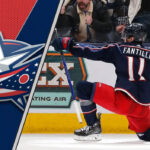 Columbus Blue Jackets center Adam Fantilli celebrates a goal, illustrating the latest Adam Fantilli news regarding his contract negotiations.