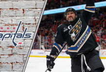 Alex Ovechkin celebrating a goal in a Washington Capitals jersey during the 2025-26 NHL season, chasing the 40-goal mark