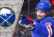 Alexis Lafrenière skates in his New York Rangers jersey amidst swirling NHL trade rumors linking him to the Buffalo Sabres.