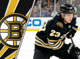Boston Bruins forward Fabian Lysell skates with the puck during an NHL game, with the Boston Bruins logo visible in the background, representing the latest on Boston Bruins rumors.