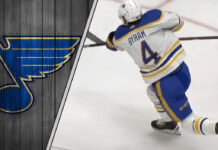 Buffalo Sabres defenseman Bowen Byram takes a shot on goal, amidst ongoing St. Louis Blues rumors