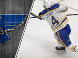 Buffalo Sabres defenseman Bowen Byram takes a shot on goal, amidst ongoing St. Louis Blues rumors