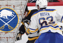 Buffalo Sabres prospect Isak Rosen hitting Sidney Crosby during a game with the Buffalo Sabres logo to the left as NHL trade rumors swirl around him