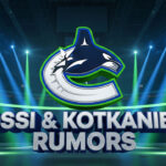 Vancouver Canucks logo with "Rossi & Kotkaniemi Rumors" 3D text over a hockey rink