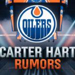 Edmonton Oilers-inspired logo sits center ice in a dramatically lit hockey arena. Below it, the words "Carter Hart Rumors" are displayed in large, 3D block letters.