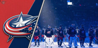 Columbus Blue Jackets players standing on the ice during a preseason game