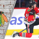 Chicago Blackhawks forward Frank Nazar skates with the puck during an NHL game.