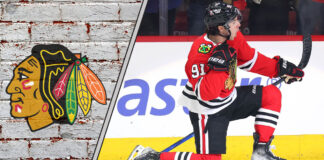 Chicago Blackhawks forward Frank Nazar skates with the puck during an NHL game.