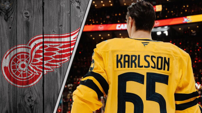 The Yzerplan's Calculus: Balancing Offensive Firepower with Financial Risk Pittsburgh Penguins forward Erik Karlsson standing on the ice with the Detroit Red Wings logo to the left as NHL trade rumors swirl around him