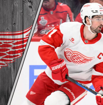 Dylan Larkin skating with the Detroit Red Wings, preparing for the 2025-26 NHL season