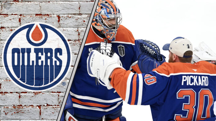 Unlikely Saviors for the Edmonton Oilers? Edmonton Oilers goalies celebrating a win, with the team's logo in the background.
