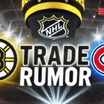Could a Rare Habs-Bruins Trade Land Montreal a Second-Line Center? Image showing the Boston Bruins logo on the left and the Montreal Canadiens logo on the right, with bold text reading “TRADE RUMOR” in a blend of both teams’ colors