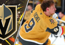 Vegas Golden Knights forward Jack Eichel skates during an NHL game, with a focus on the ongoing NHL trade rumors surrounding him
