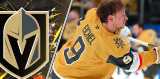 Vegas Golden Knights forward Jack Eichel skates during an NHL game, with a focus on the ongoing NHL trade rumors surrounding him
