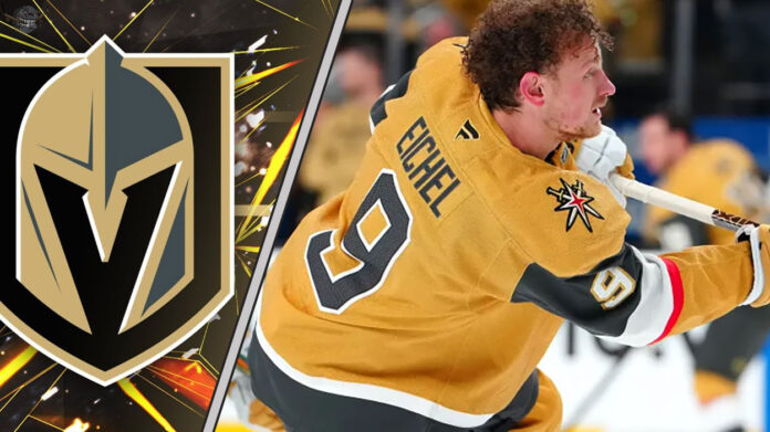 Vegas Golden Knights forward Jack Eichel skates during an NHL game, with a focus on the ongoing NHL trade rumors surrounding him