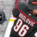 A close-up of Jack Roslovic and the NHL logo to the left, representing the latest NHL trade rumors