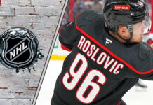 A close-up of Jack Roslovic and the NHL logo to the left, representing the latest NHL trade rumors