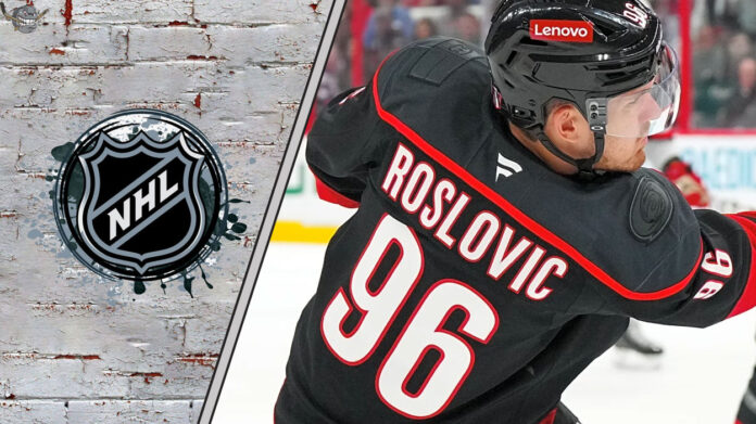 A close-up of Jack Roslovic and the NHL logo to the left, representing the latest NHL trade rumors