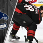 An image of Jack Roslovic in a Carolina Hurricanes jersey, with the Vancouver Canucks logo in the background.