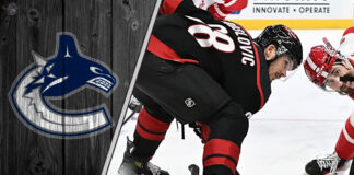 An image of Jack Roslovic in a Carolina Hurricanes jersey, with the Vancouver Canucks logo in the background.