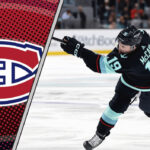 Jared McCann in his Seattle Kraken jersey, taking a shot on goal, with a Montreal Canadiens logo to the left signifying NHL trade rumors