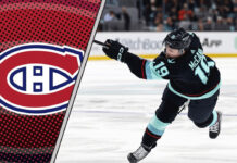 Jared McCann in his Seattle Kraken jersey, taking a shot on goal, with a Montreal Canadiens logo to the left signifying NHL trade rumors