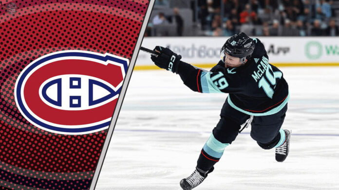 Is This the Right Move for the Canadiens? Jared McCann in his Seattle Kraken jersey, taking a shot on goal, with a Montreal Canadiens logo to the left signifying NHL trade rumors