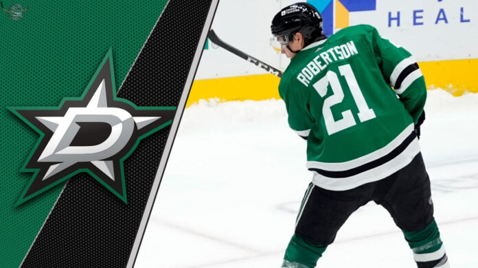 Robertson's Contract Situation Dallas Stars forward Jason Robertson skates with the puck during an NHL game.